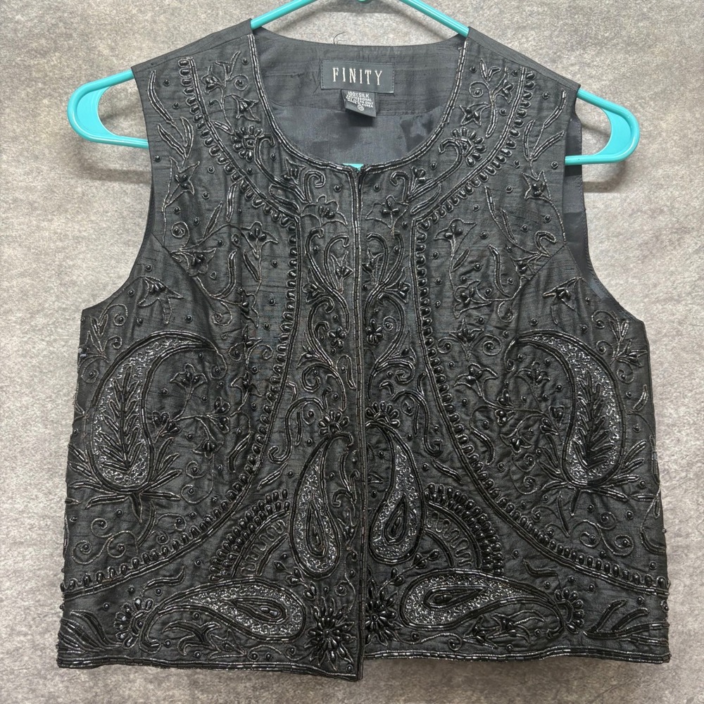 Vintage 90s Finity 100% Silk Beaded Paisley Vest Womens XS Black Whimsigoth